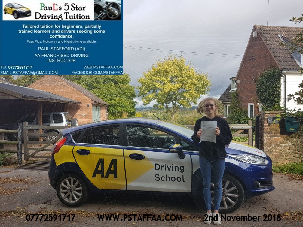 Talesha Hunt first time driving test pass in hereford witrh Paul's 5 Star driving Tuition
